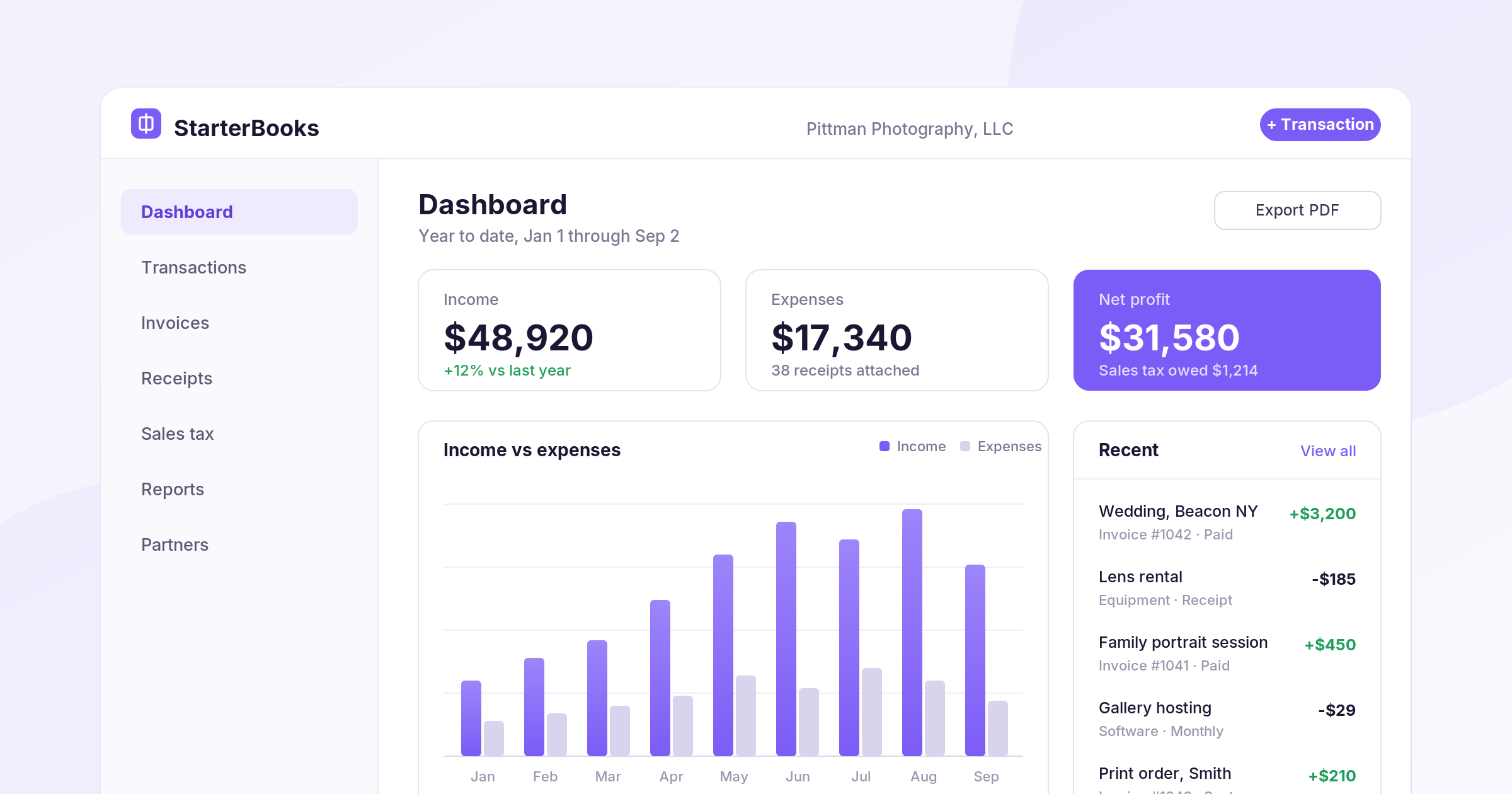 StarterBooks dashboard showing income, expenses, net profit, and recent transactions